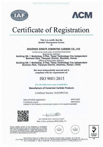 China Zhuzhou Gingte Cemented Carbide Co.,LTD zertifizierungen